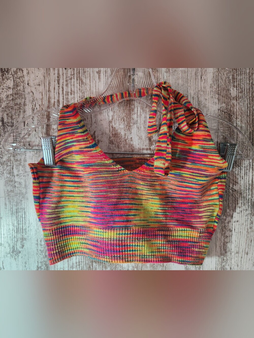 SHEIN Rainbow Striped Tie-Shoulder Knit Crop Top